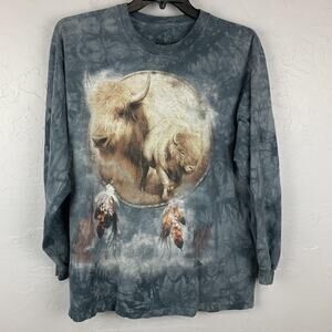 The Mountain Shirt Mens Large Blue Buffalo Bison Tie Dye Long Sleeve Graphic Art